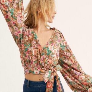 Free People Party Playlist Floral Balloon Sleeve Wrap Blouse